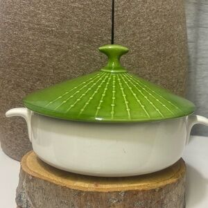Vintage MCM Atomic Casserole Dish w/ Lid, Green Lid and White Base